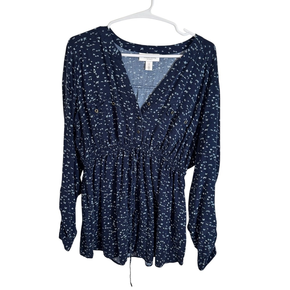 Motherhood Maternity Navy Blue Bird‎ Print V Neck Gathered Waist Midi Dress  L